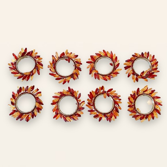 Set of 8 Beaded Wreath Napkin Rings Fall Autumn Thanksgiving Amber Red - Picture 4 of 13